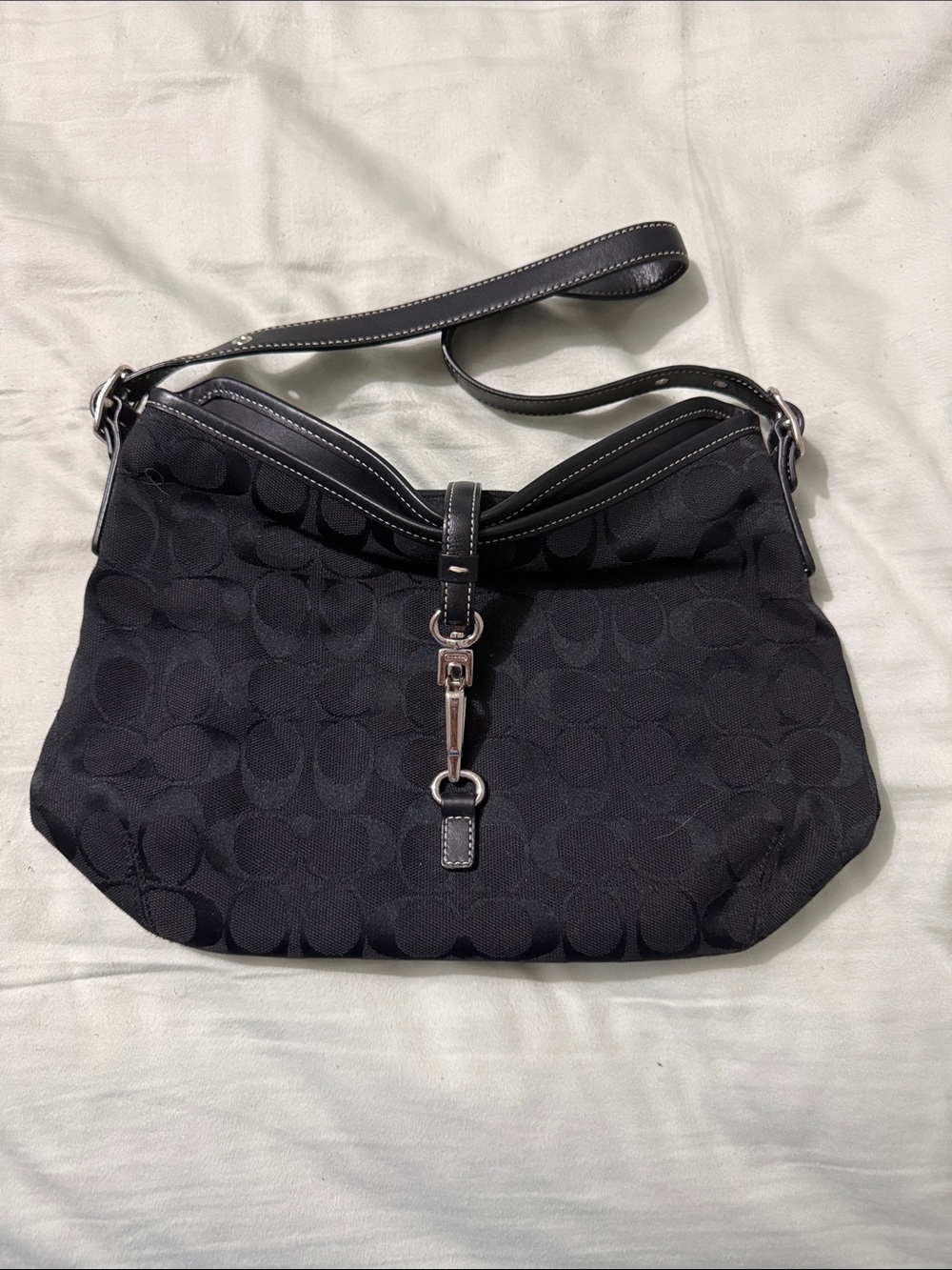 Coach Black Signature Jacquard Shoulder Bag with Silver Hardware